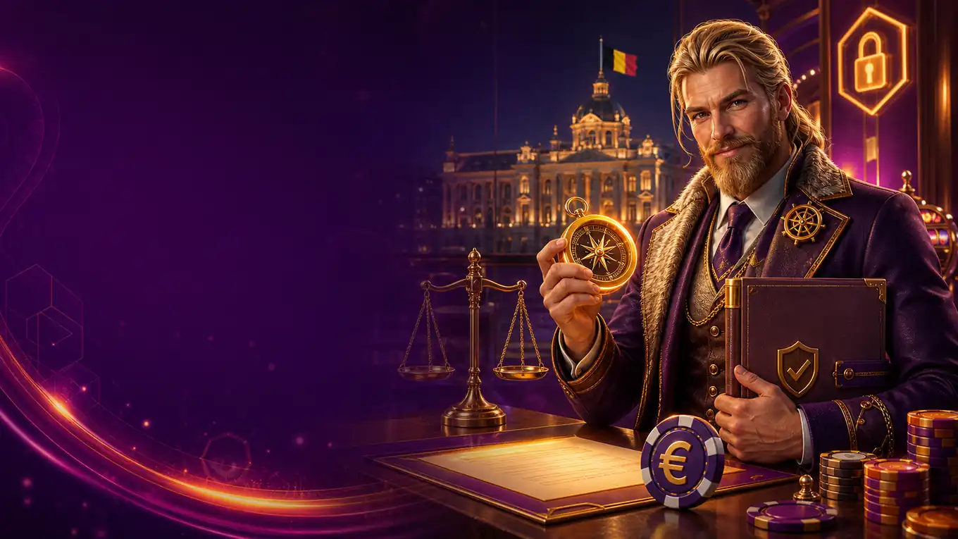 Belgische juridische context voor Hit'n'Spin casino met paarse documenten